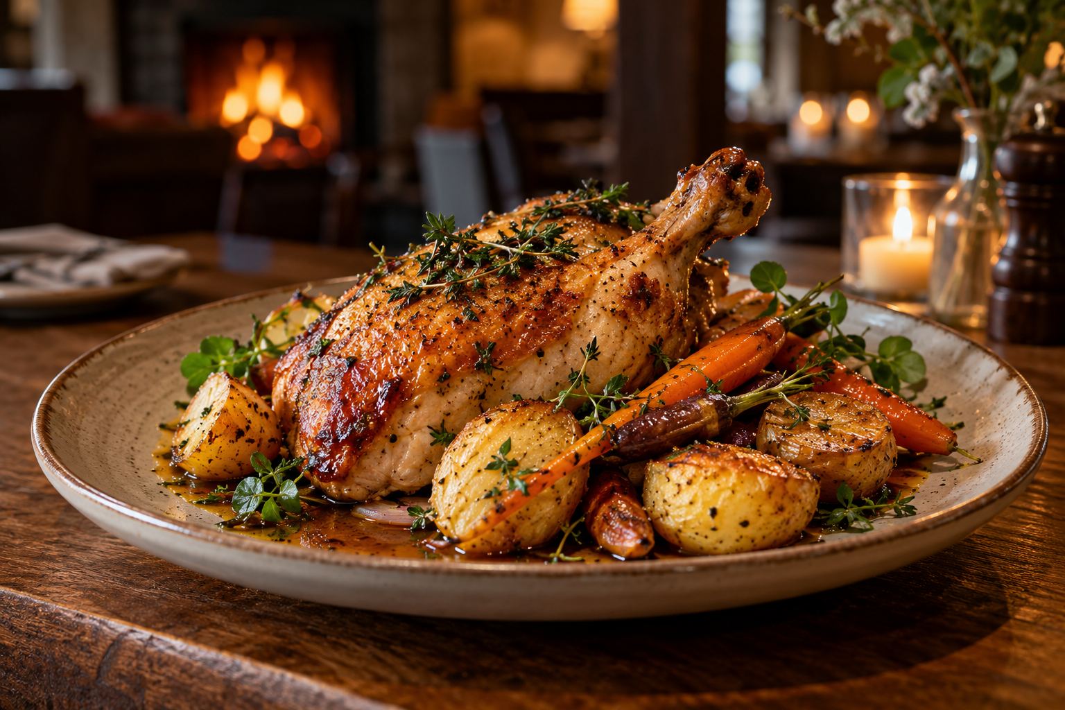 A carefully plated roast chicken dish