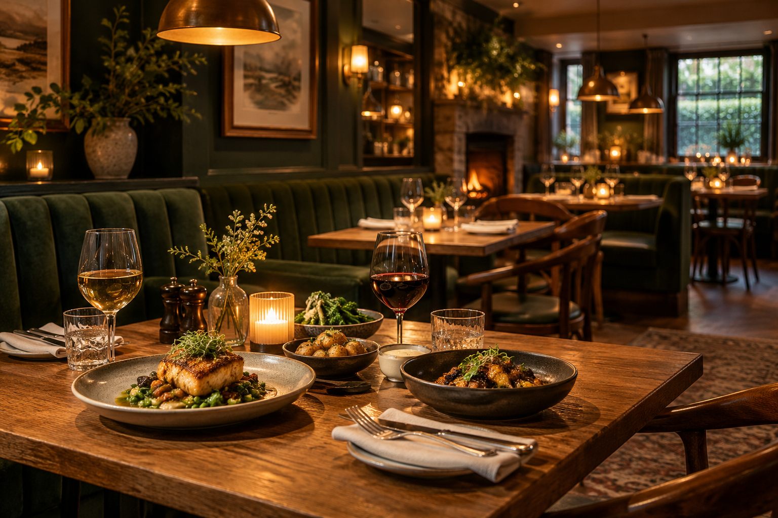Cosy restaurant interior with warm pendant lights